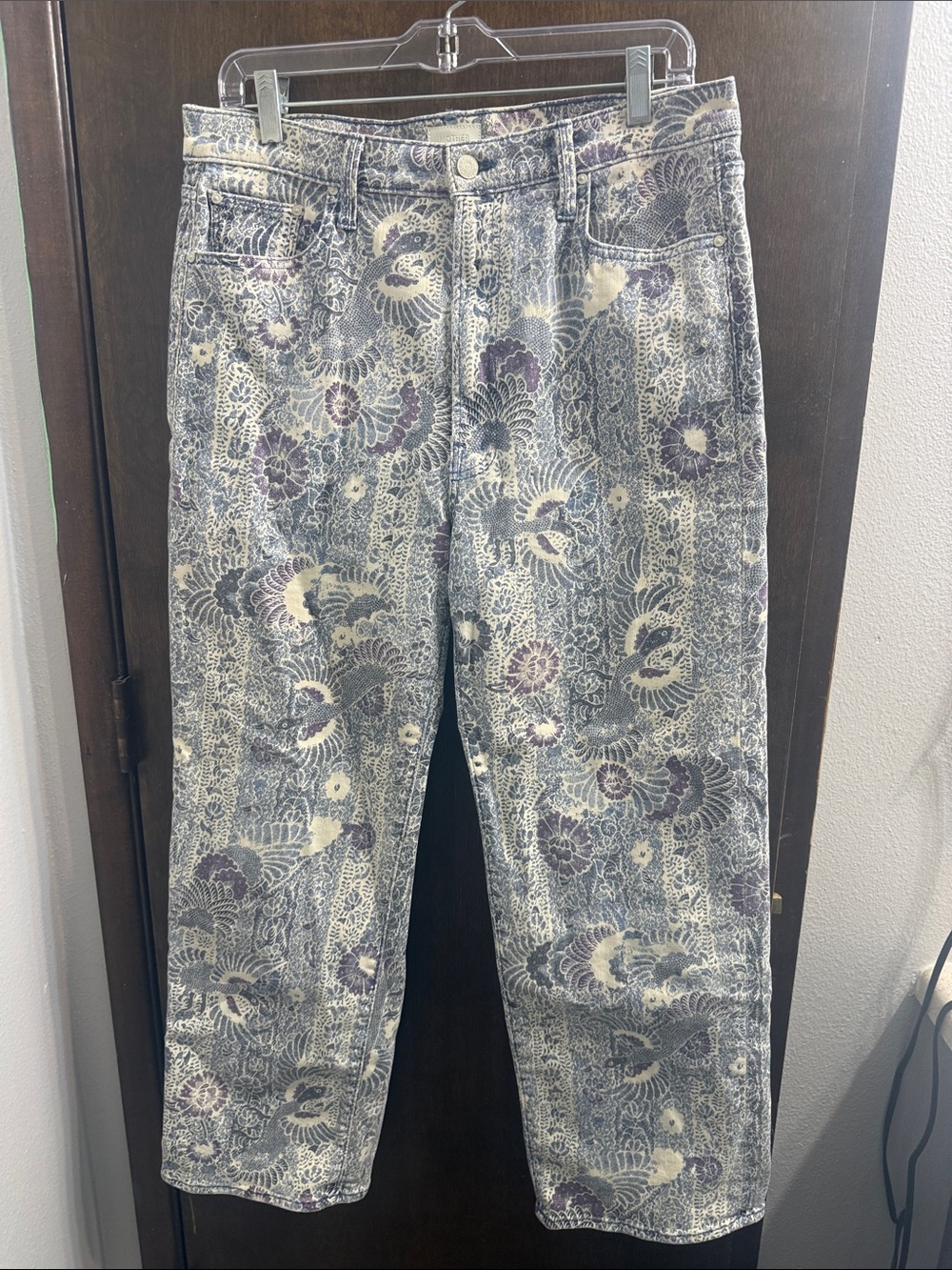 MOTHER Women's Floral-Pattern Relaxed Jeans in Blue and Cream